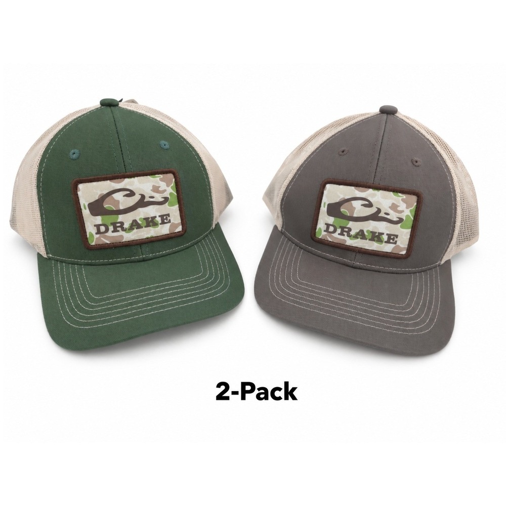 (LOT 2) Drake Waterfowl Trucker Hats Mens Green Gray Camo Patch Adjustable NEW
